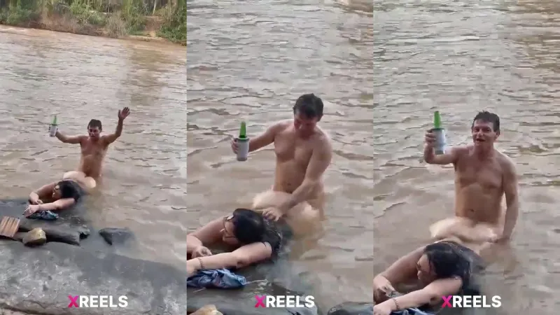 Uncle Drinking Beer And Fucking Milf In The River While Friends Watching