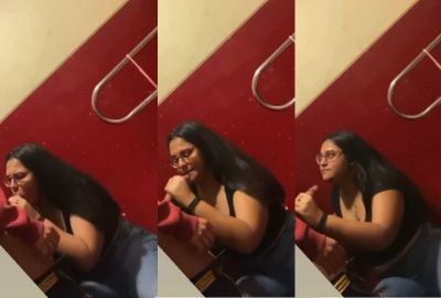 Chubby girl gives an outdoor blowjob in a cinema theatre